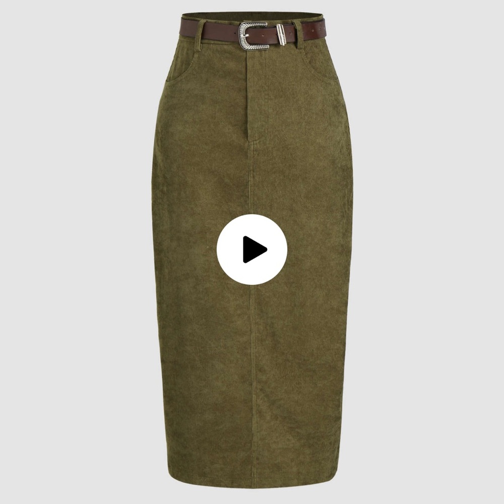 Solid Corduroy Skirt WITH Belt in Olive Green, Mid-Length, originally from CIDER